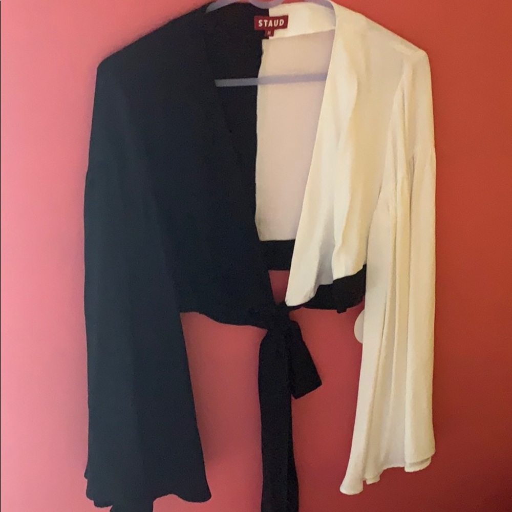 Staud Cropped two-tone crepe de chine wrap top